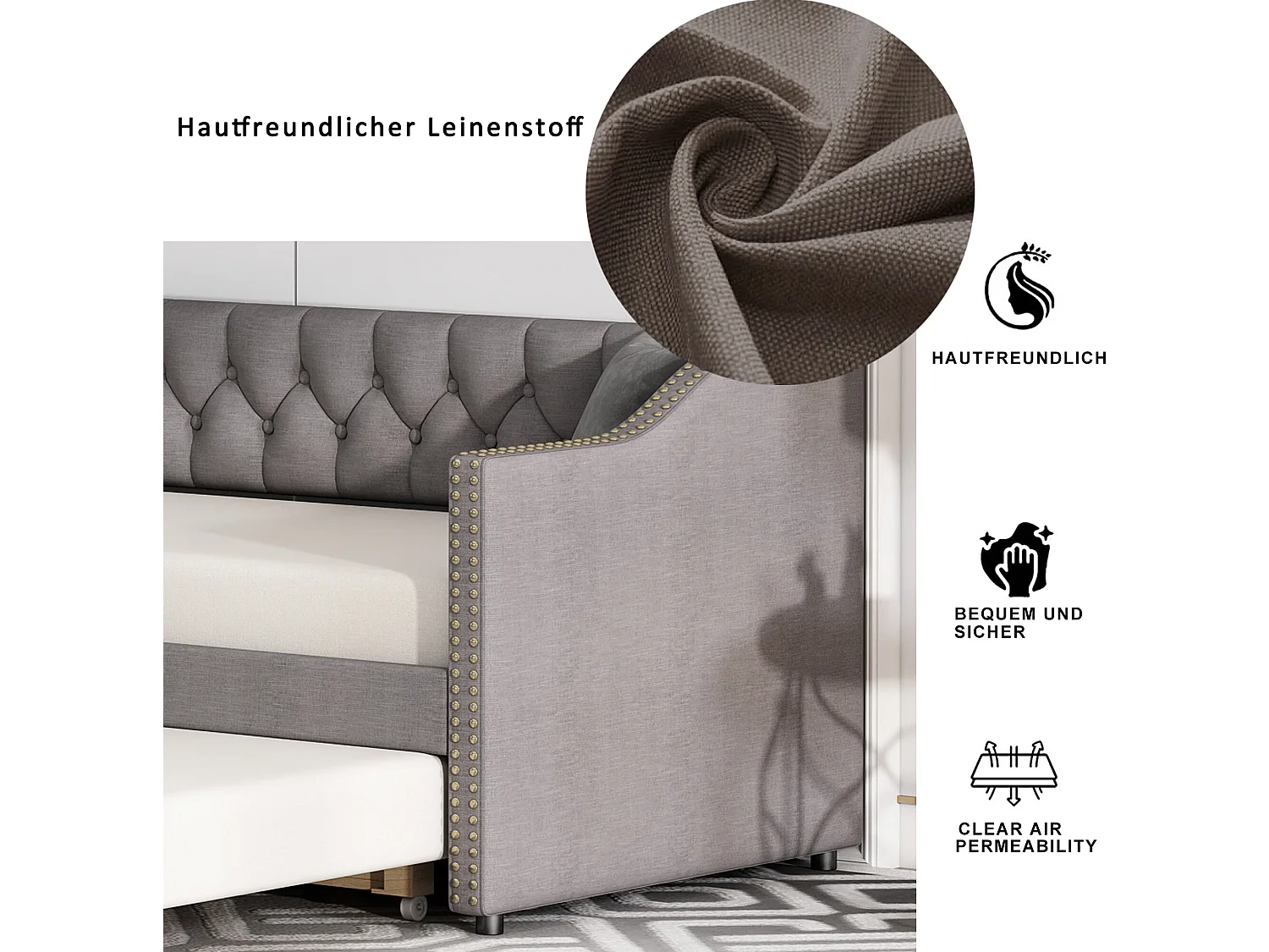 Lit gigogne 90 x 200 cm - tissu lin - boutons et rivets - style classique - coloris gris