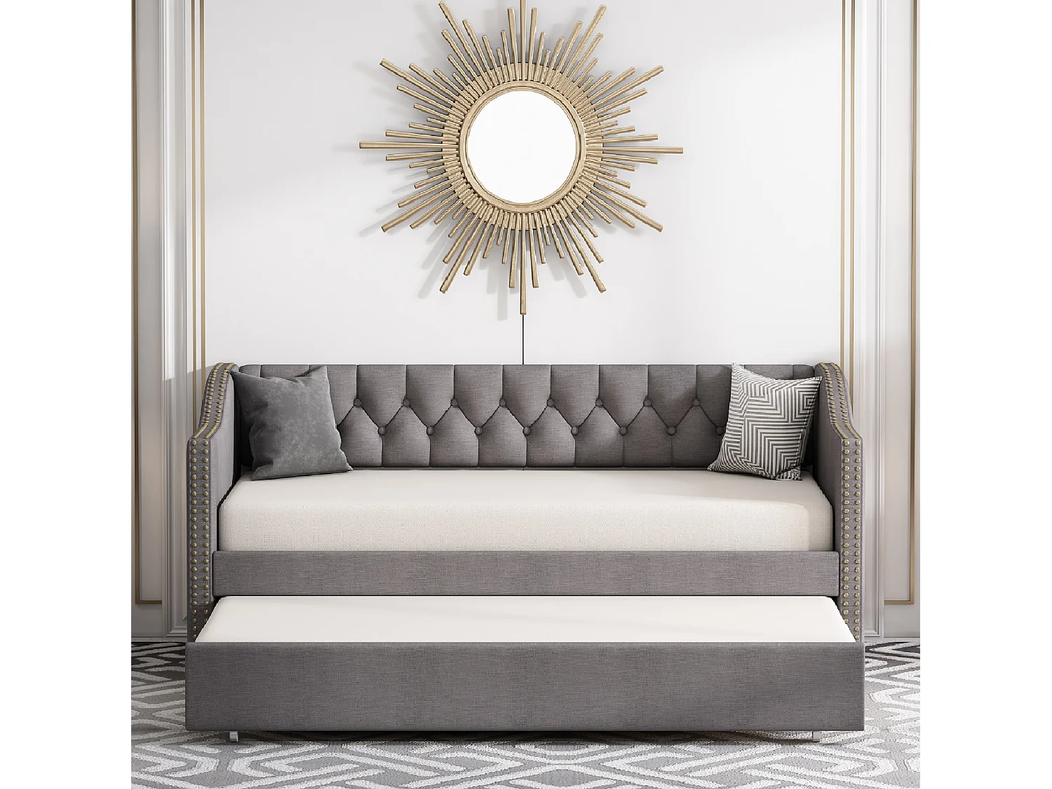 Lit gigogne 90 x 200 cm - tissu lin - boutons et rivets - style classique - coloris gris