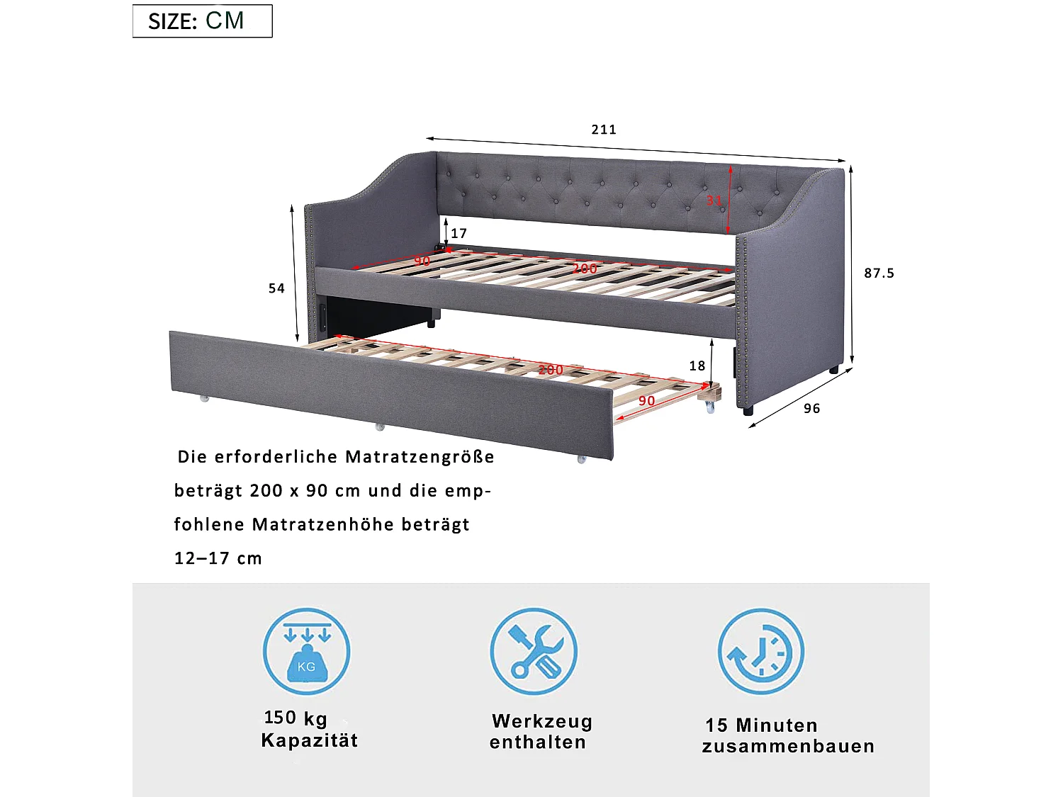 Lit gigogne 90 x 200 cm - tissu lin - boutons et rivets - style classique - coloris gris