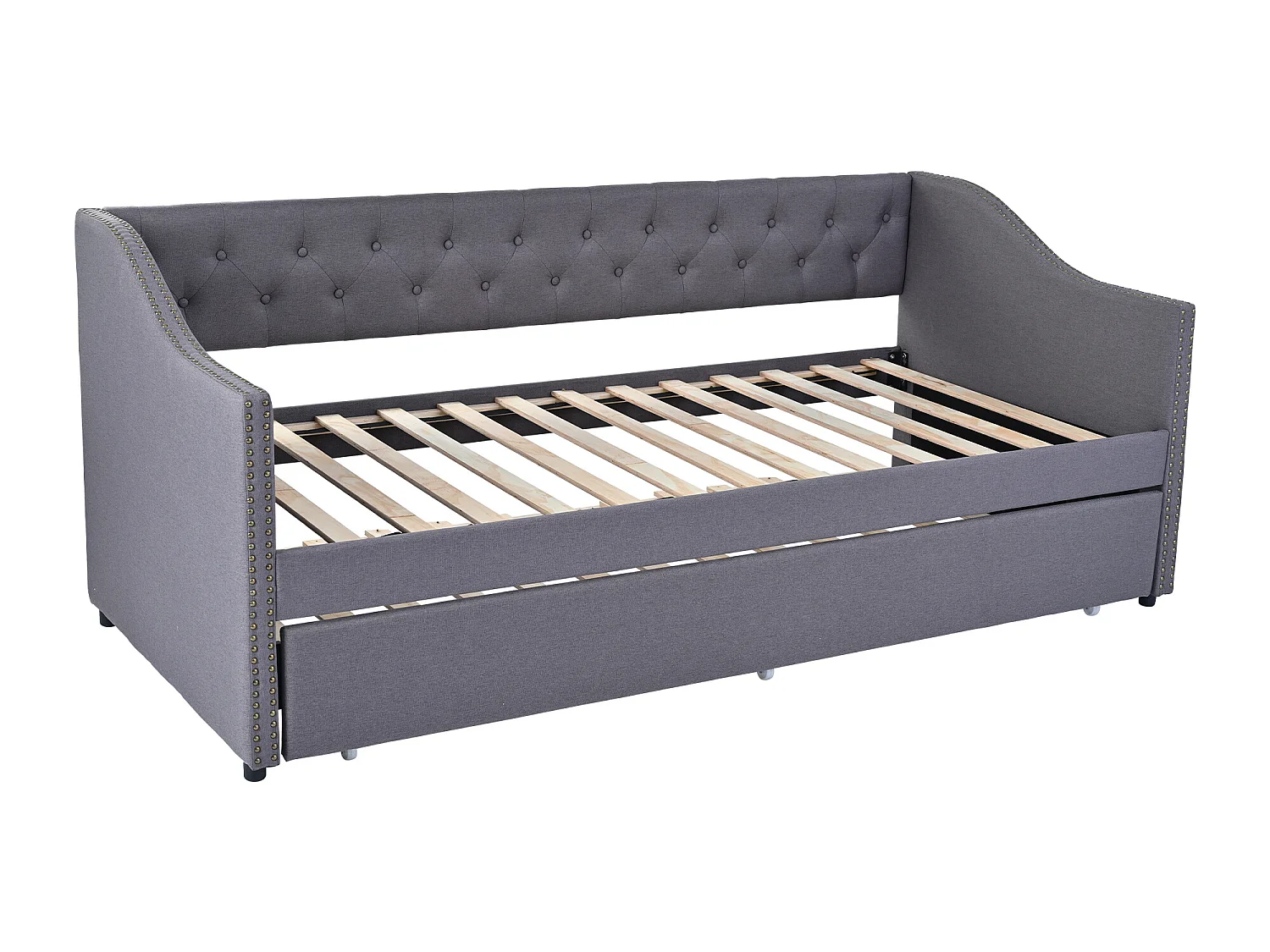 Lit gigogne 90 x 200 cm - tissu lin - boutons et rivets - style classique - coloris gris