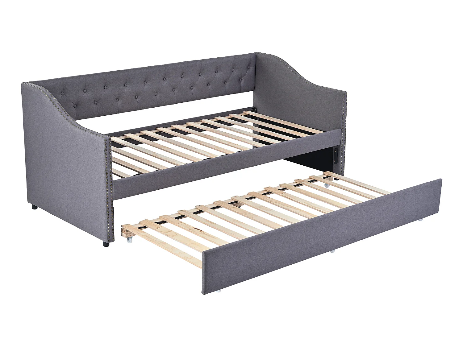 Lit gigogne 90 x 200 cm - tissu lin - boutons et rivets - style classique - coloris gris