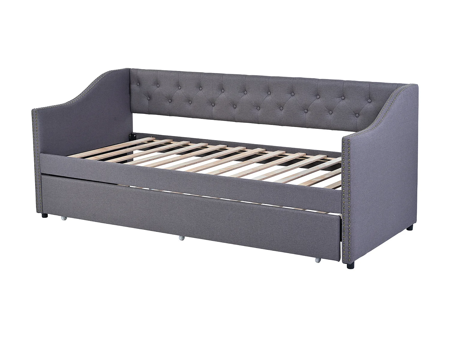 Lit gigogne 90 x 200 cm - tissu lin - boutons et rivets - style classique - coloris gris