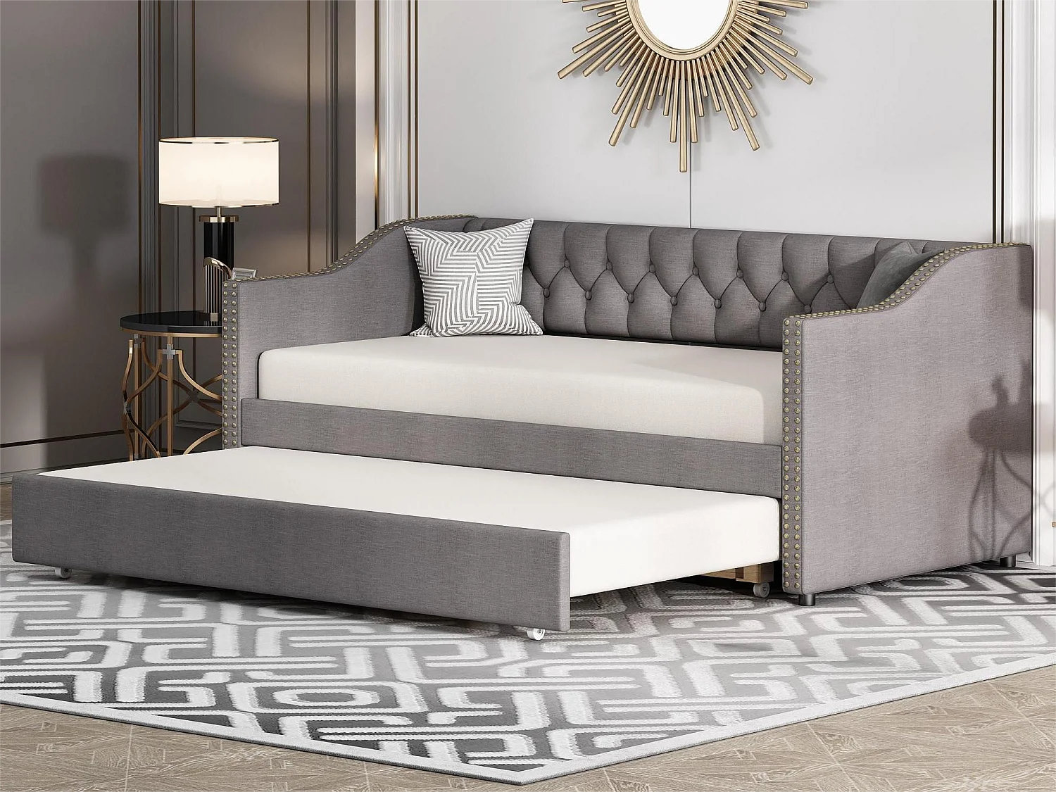 Lit gigogne 90 x 200 cm - tissu lin - boutons et rivets - style classique - coloris gris