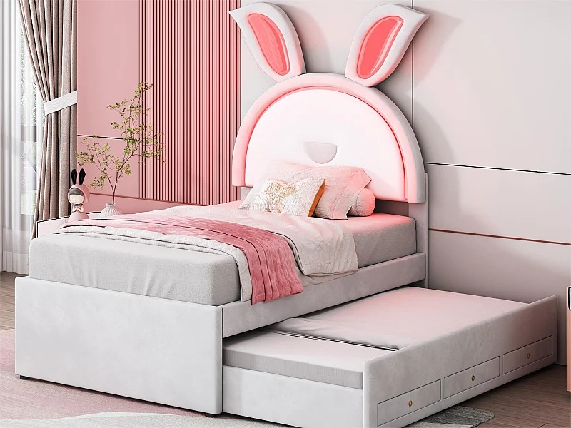 Letto estraibile 90 x 200 cm per bambini in velluto - 3 cassetti - LED - colore bianco