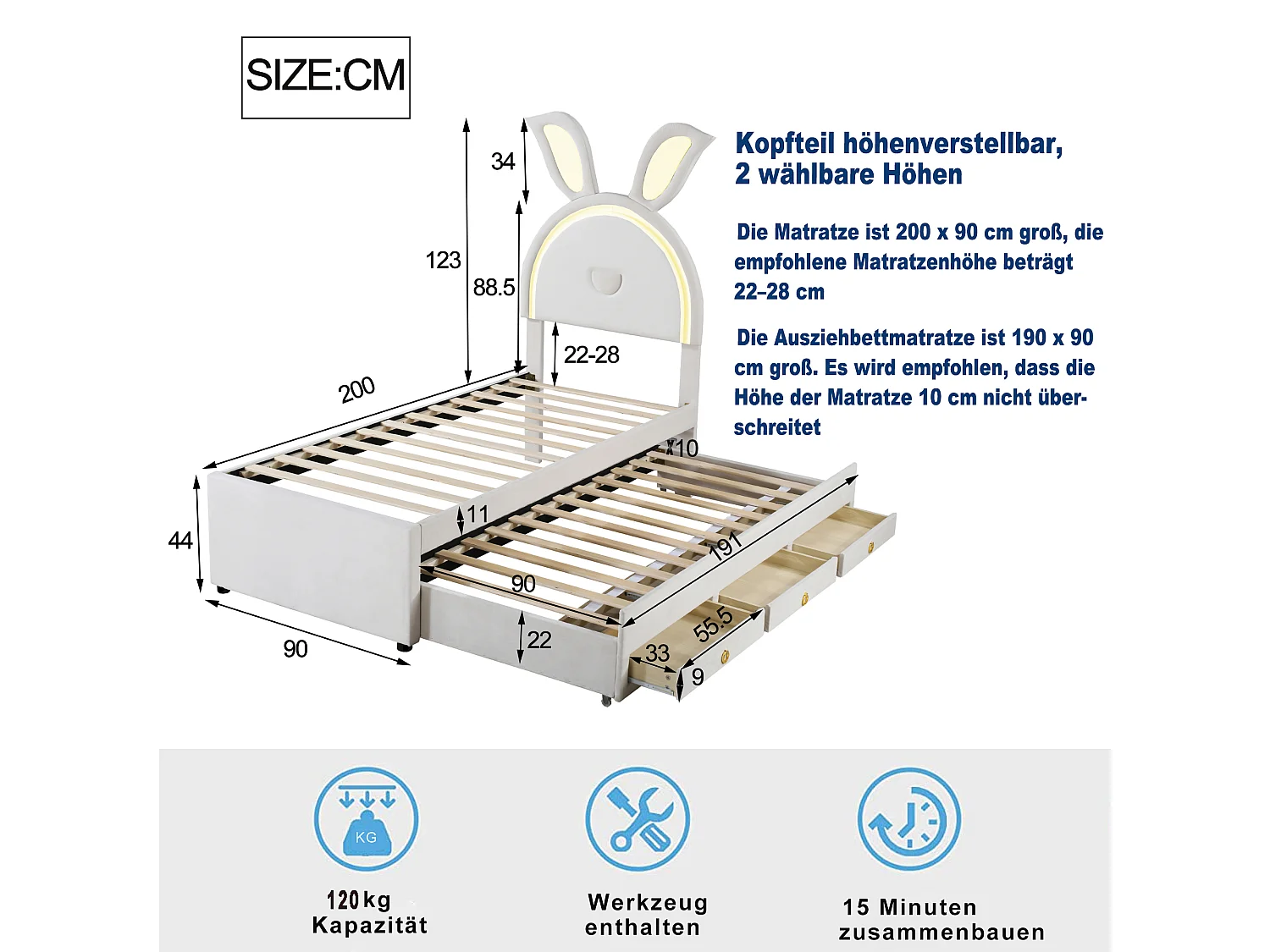 Lit gigogne 90 x 200 cm pour enfant en velours - 3 tiroirs - LEDs - coloris blanc