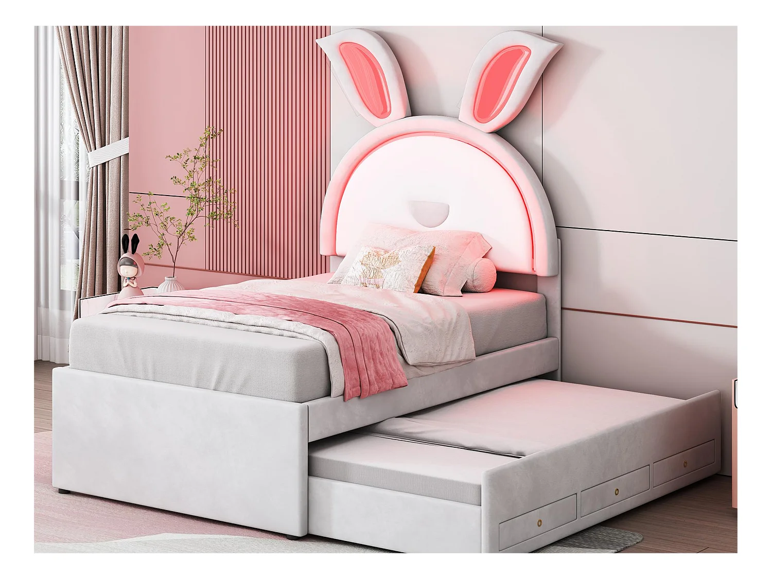 Lit gigogne 90 x 200 cm pour enfant en velours - 3 tiroirs - LEDs - coloris blanc