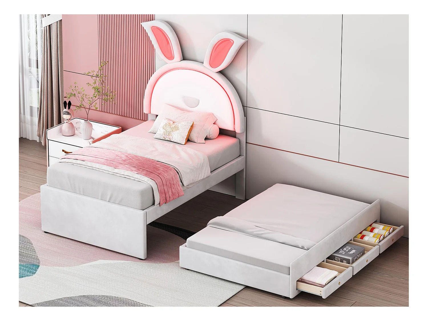 Uitschuifbaar bed 90 x 200 cm voor kinderen in fluweel - 3 laden - LED's - witte kleur