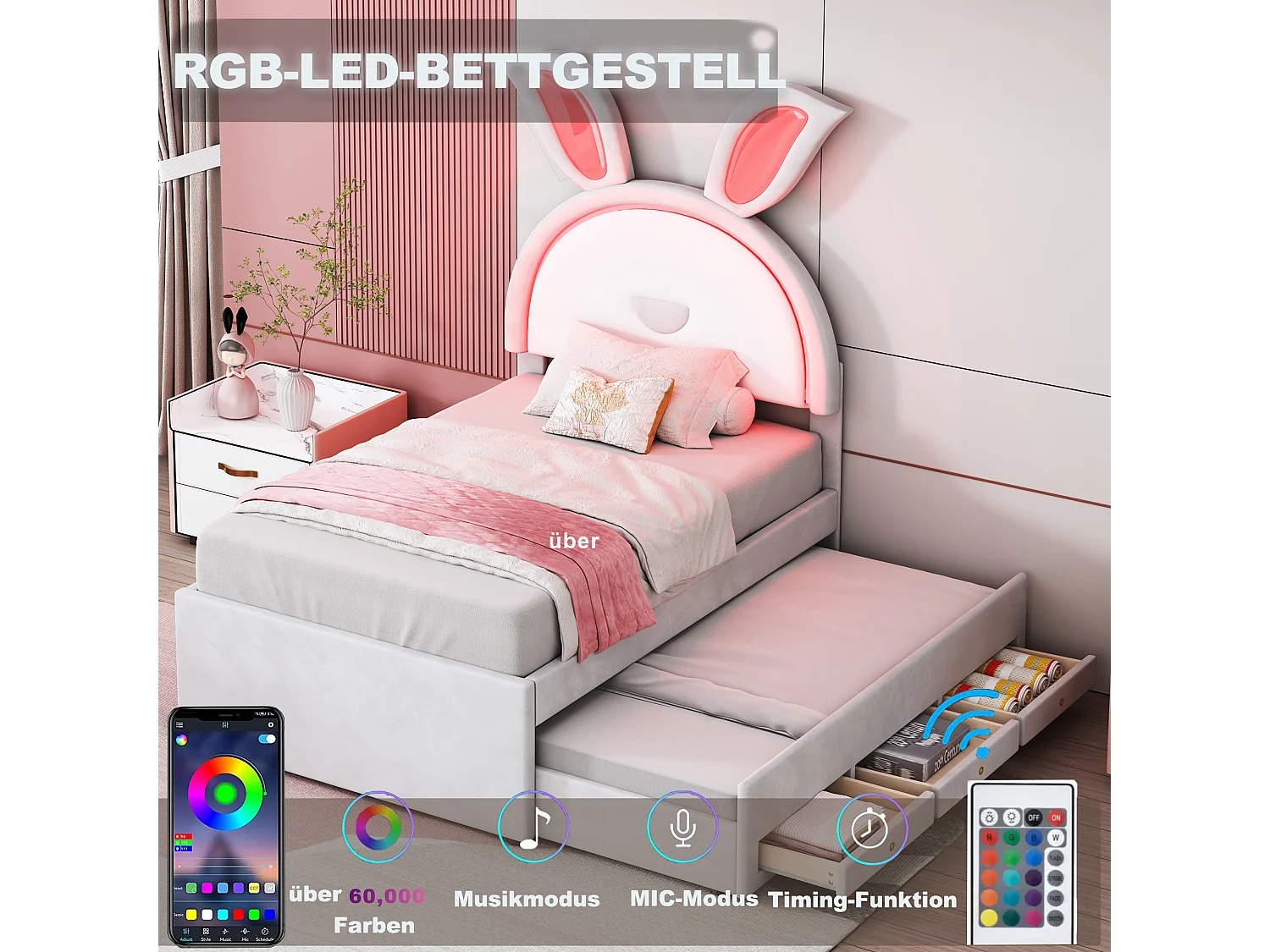 Łóżko dziecięce wysuwane 90 x 200 cm aksamitne - 3 szuflady - LEDy - kolor biały