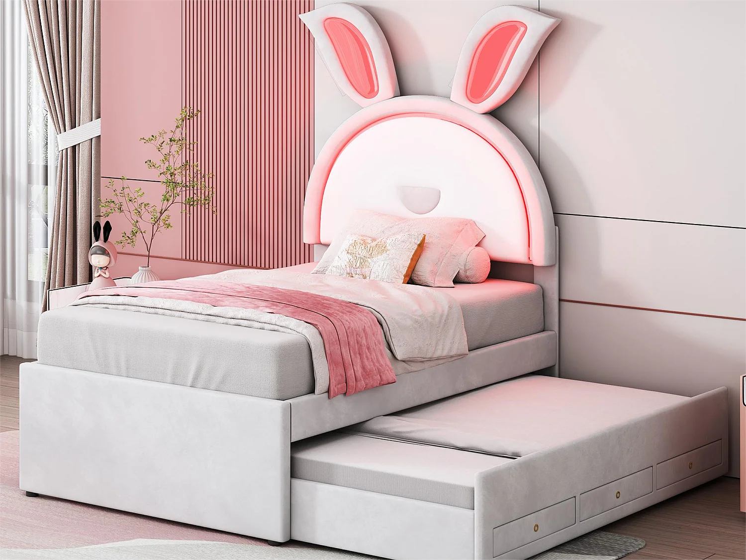 Letto estraibile 90 x 200 cm per bambini in velluto - 3 cassetti - LED - colore bianco