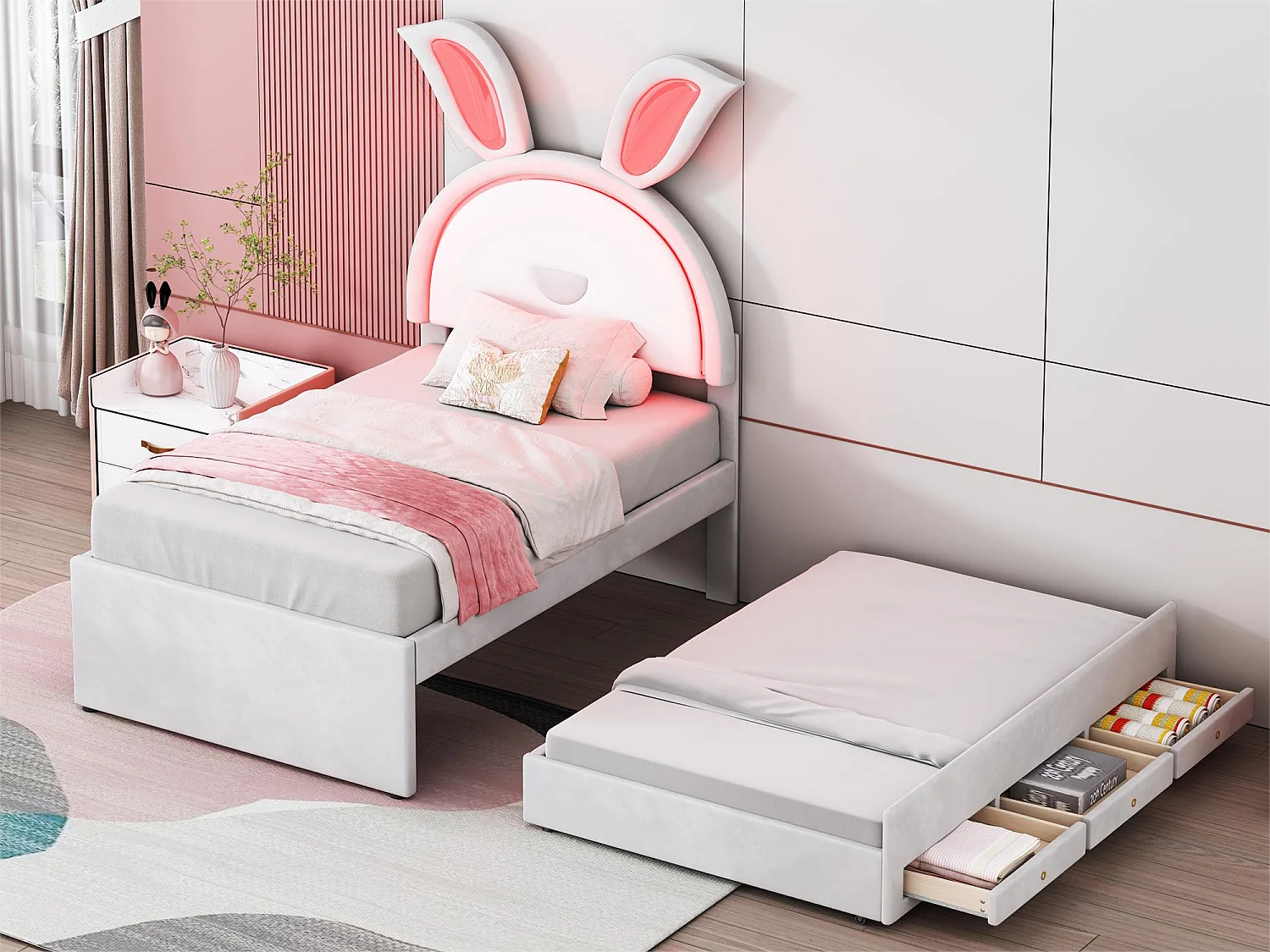 Letto estraibile 90 x 200 cm per bambini in velluto - 3 cassetti - LED - colore bianco