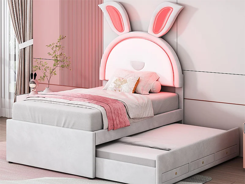 Letto estraibile 90 x 200 cm per bambini in velluto - 3 cassetti - LED - colore bianco