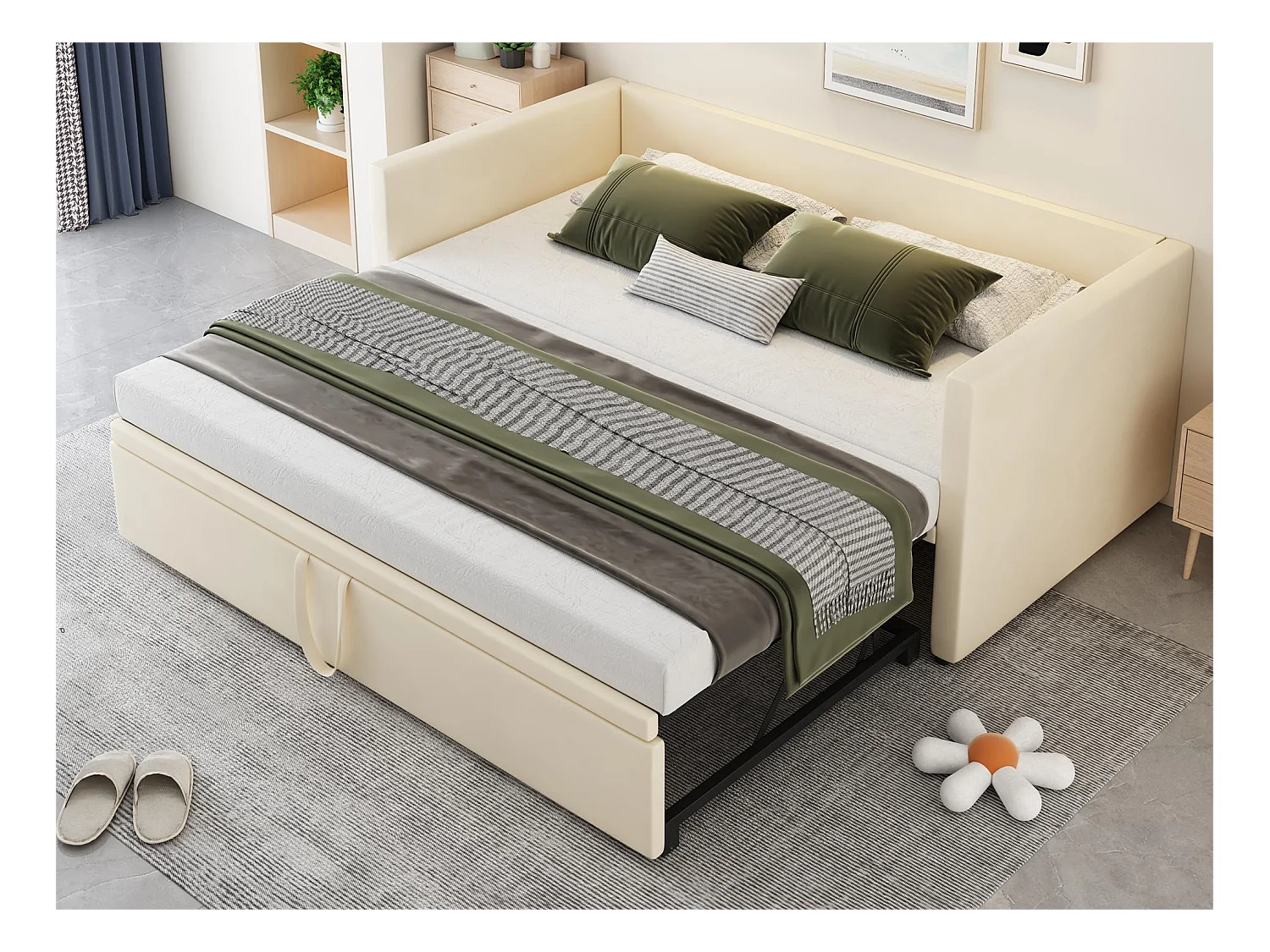 Lit gigogne 90 x 200 cm pour enfant - velours - style contemporain - coloris beige