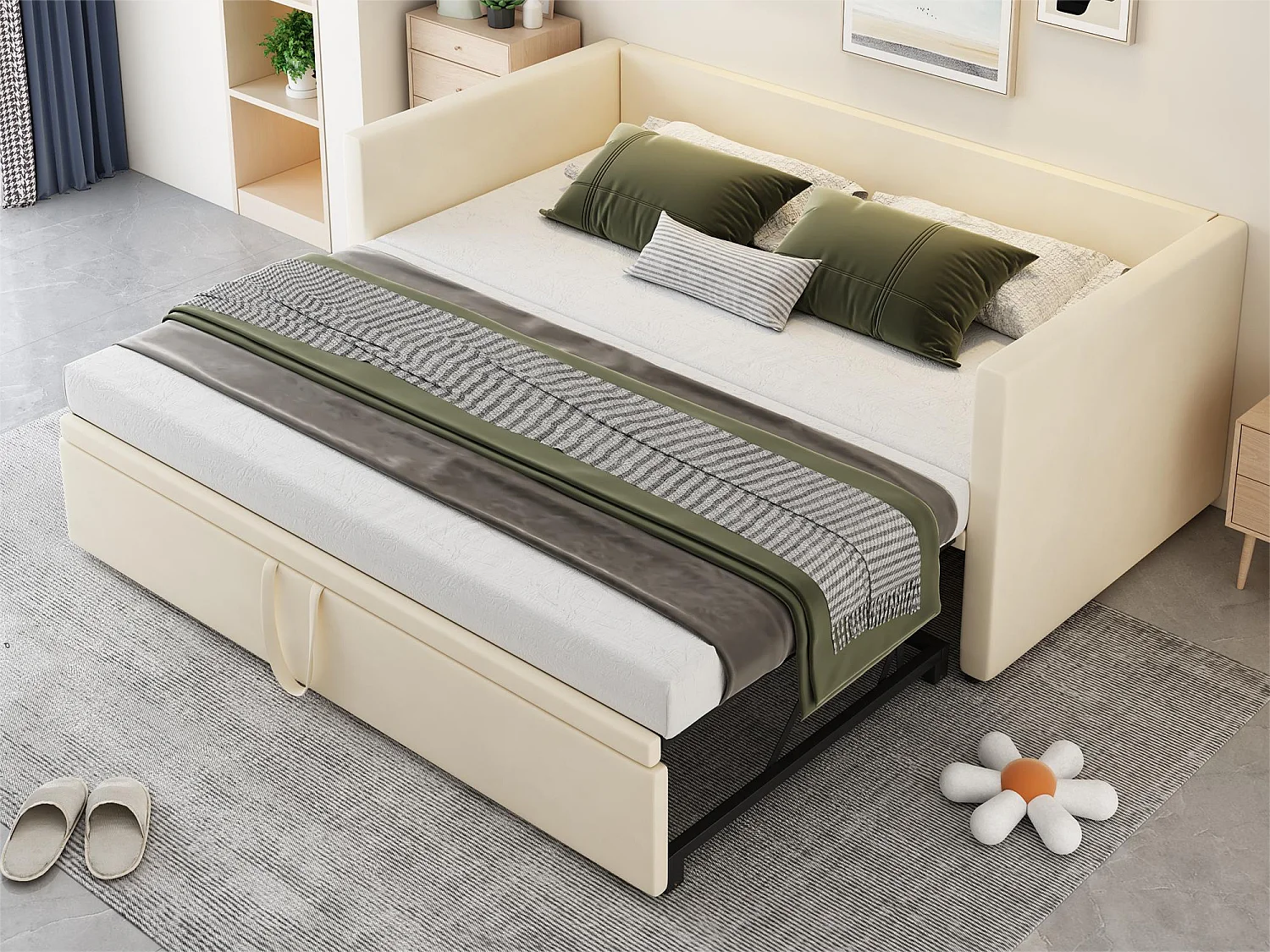 Lit gigogne 90 x 200 cm pour enfant - velours - style contemporain - coloris beige