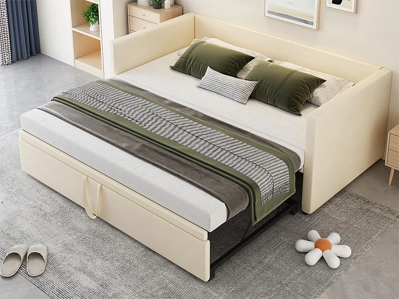 Lit gigogne 90 x 200 cm pour enfant - velours - style contemporain - coloris beige