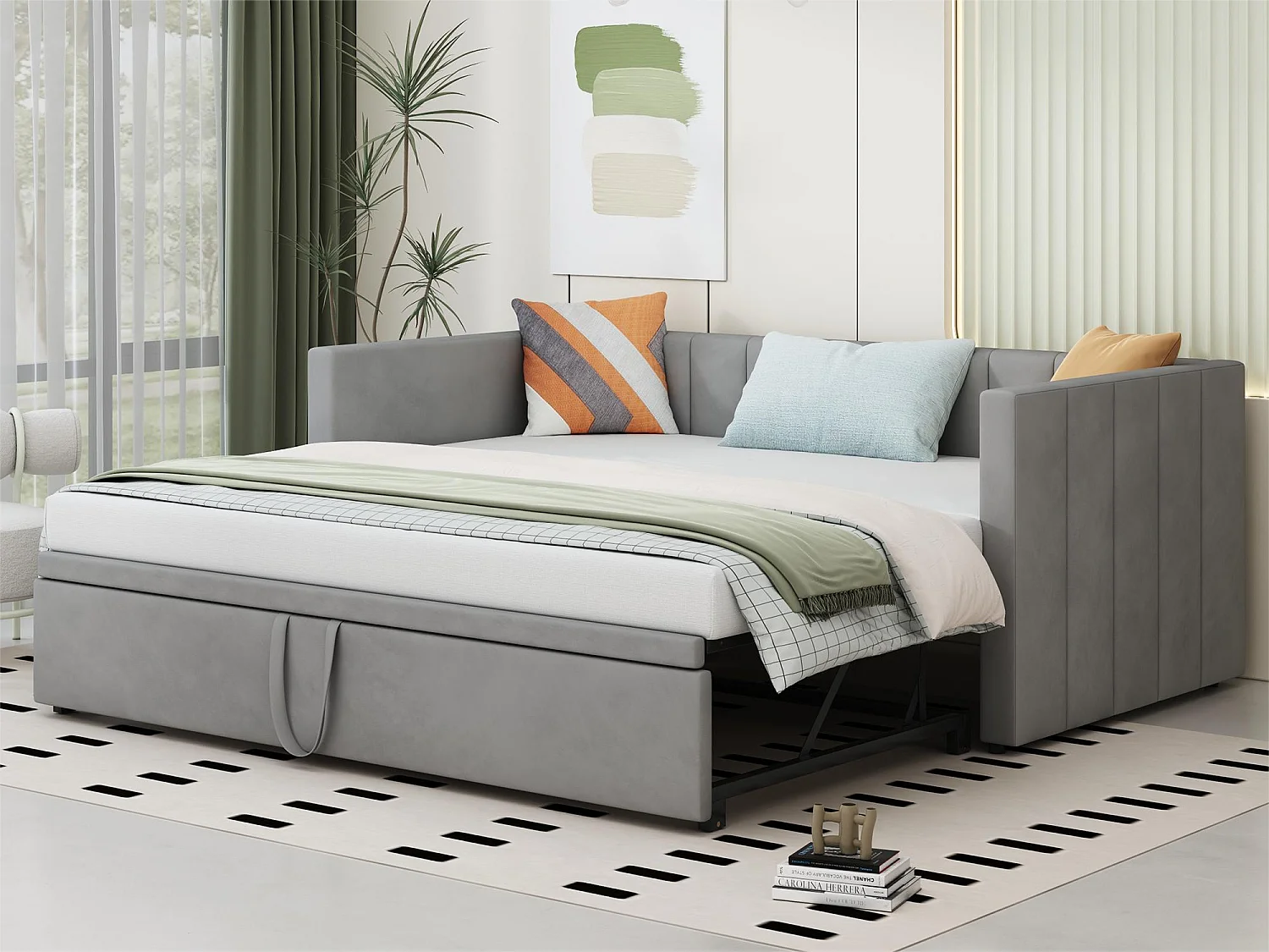 Lit gigogne 90 x 200 cm pour enfant - velours - sommier inclus - coloris gris