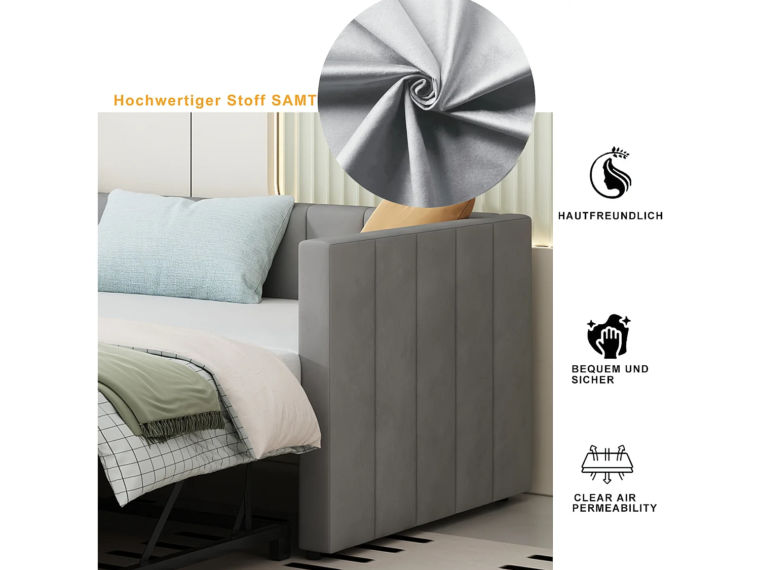 Lit gigogne 90 x 200 cm pour enfant - velours - sommier inclus - coloris gris