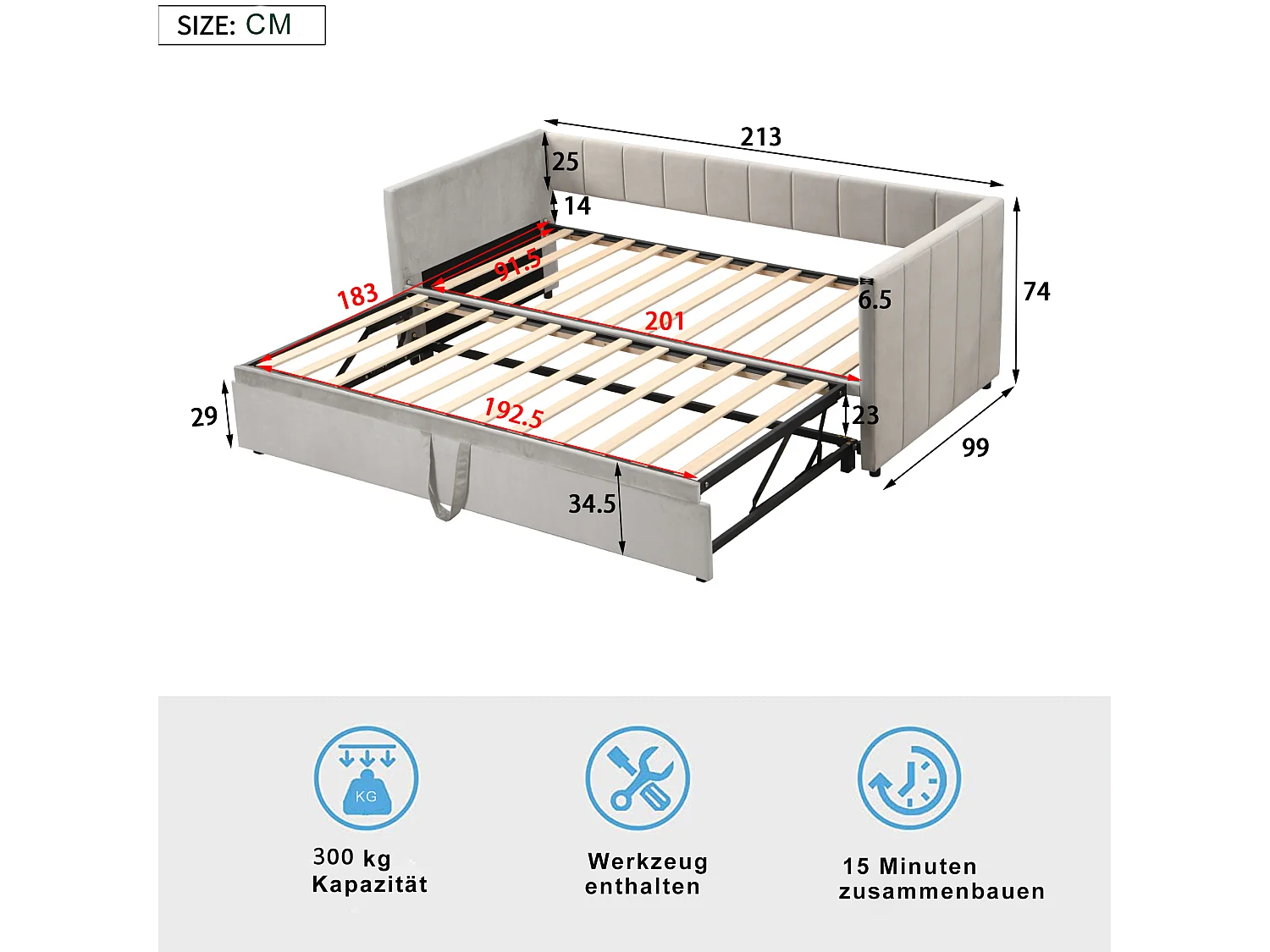 Lit gigogne 90 x 200 cm pour enfant - velours - sommier inclus - coloris gris