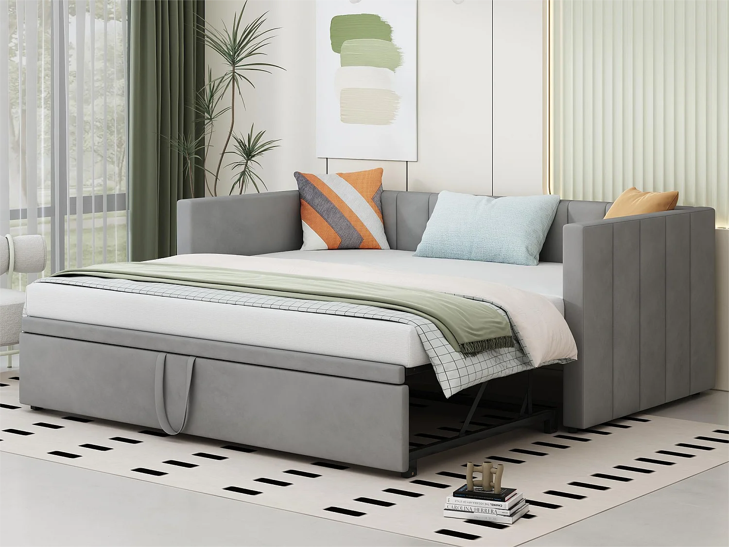 Lit gigogne 90 x 200 cm pour enfant - velours - sommier inclus - coloris gris