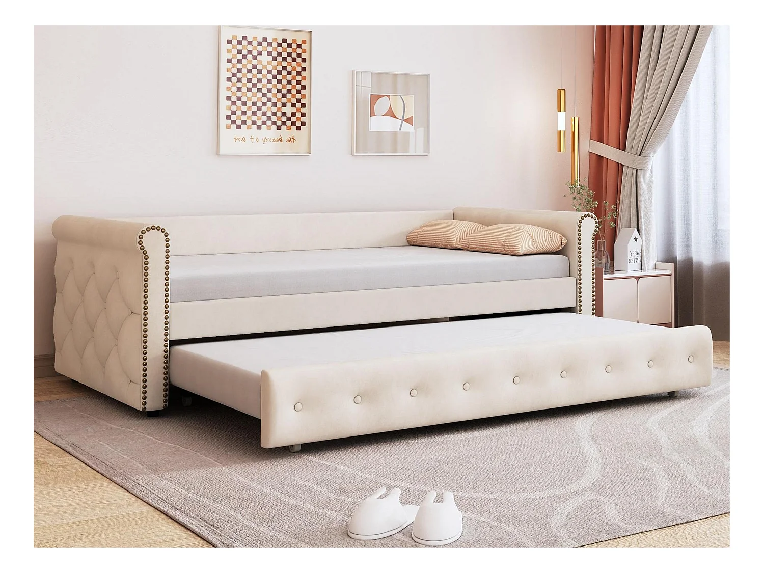 Lit gigogne 90 x 200 cm - tissu lin - sommier inclus - coloris beige