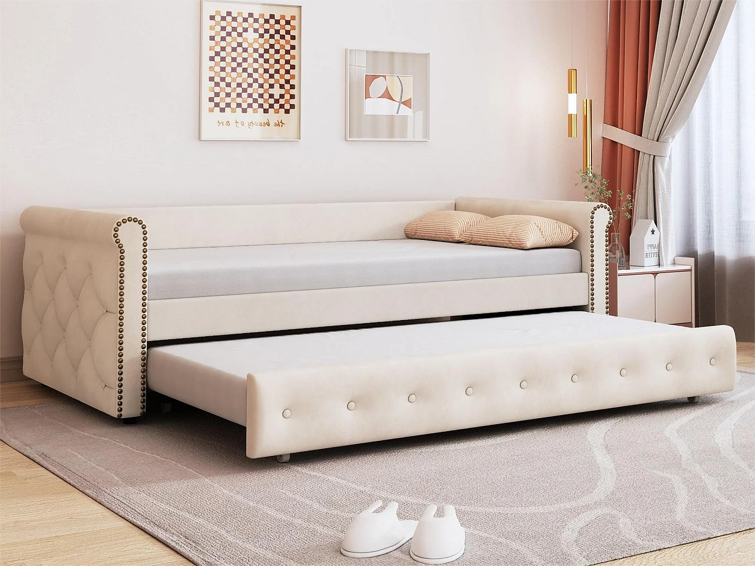 Uitschuifbed 90 x 200 cm - linnen stof - inclusief bedbodem - beige kleur
