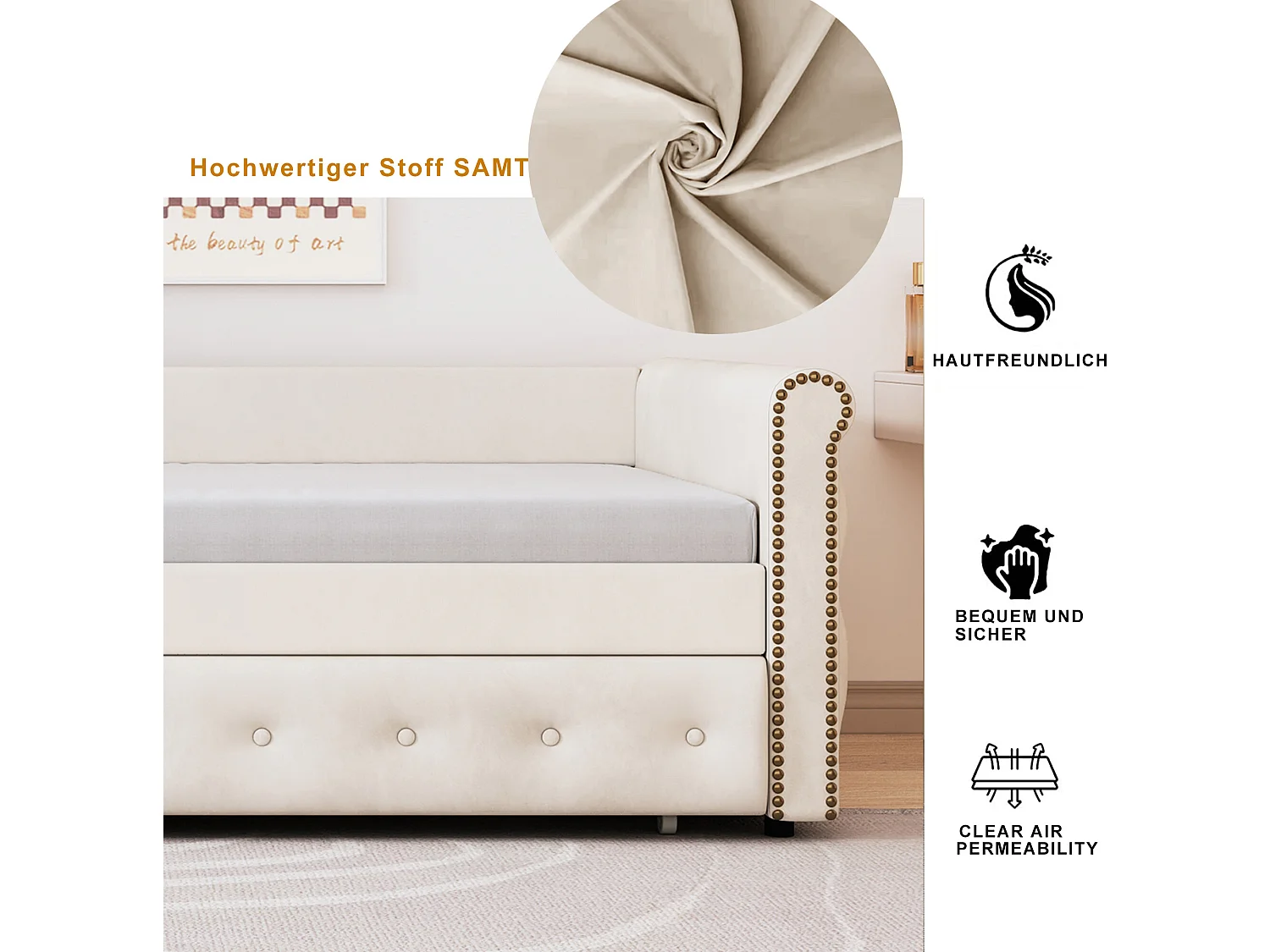 Uitschuifbed 90 x 200 cm - linnen stof - inclusief bedbodem - beige kleur