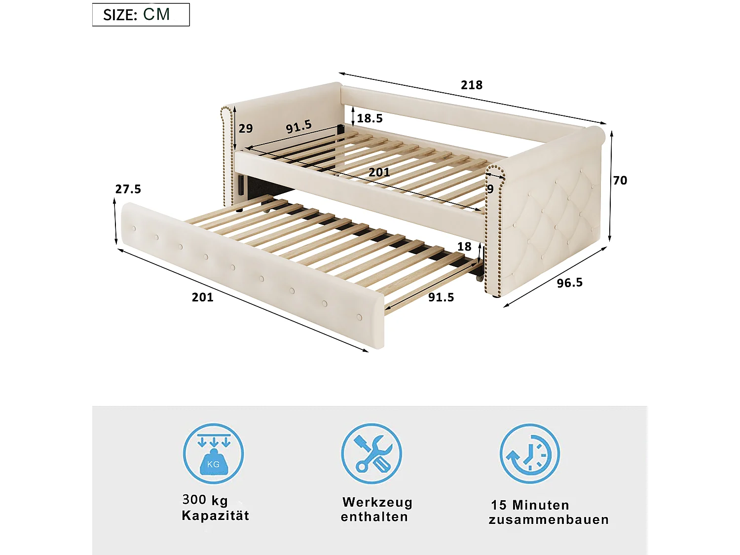 Uitschuifbed 90 x 200 cm - linnen stof - inclusief bedbodem - beige kleur