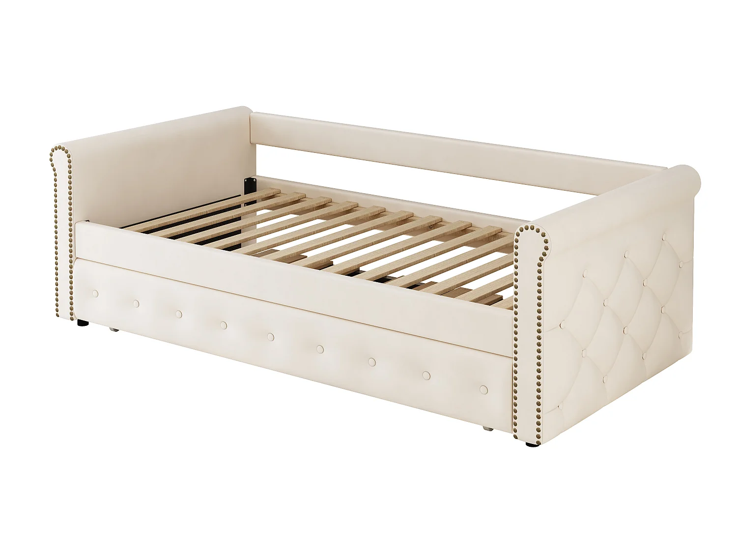 Uitschuifbed 90 x 200 cm - linnen stof - inclusief bedbodem - beige kleur