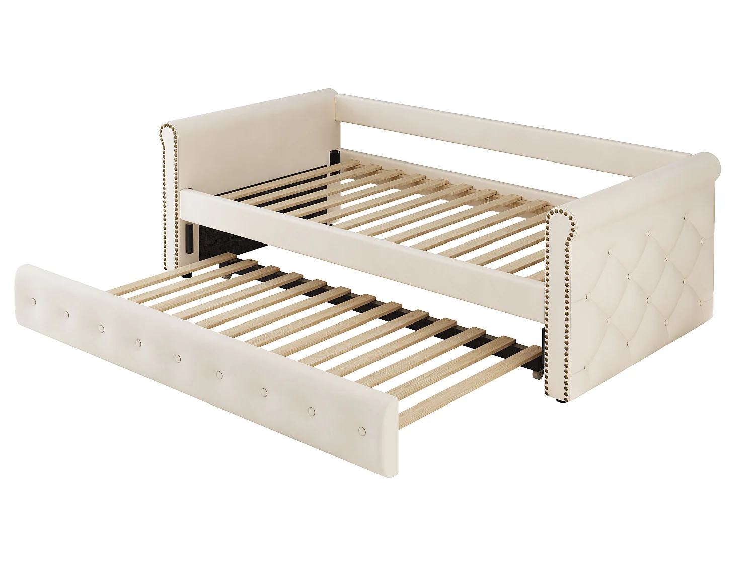 Uitschuifbed 90 x 200 cm - linnen stof - inclusief bedbodem - beige kleur