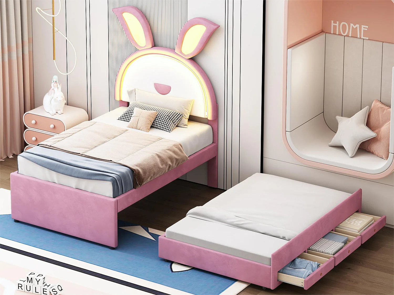 Lit gigogne 90 x 200 cm pour enfant en velours - 3 tiroirs - LEDs - coloris rose