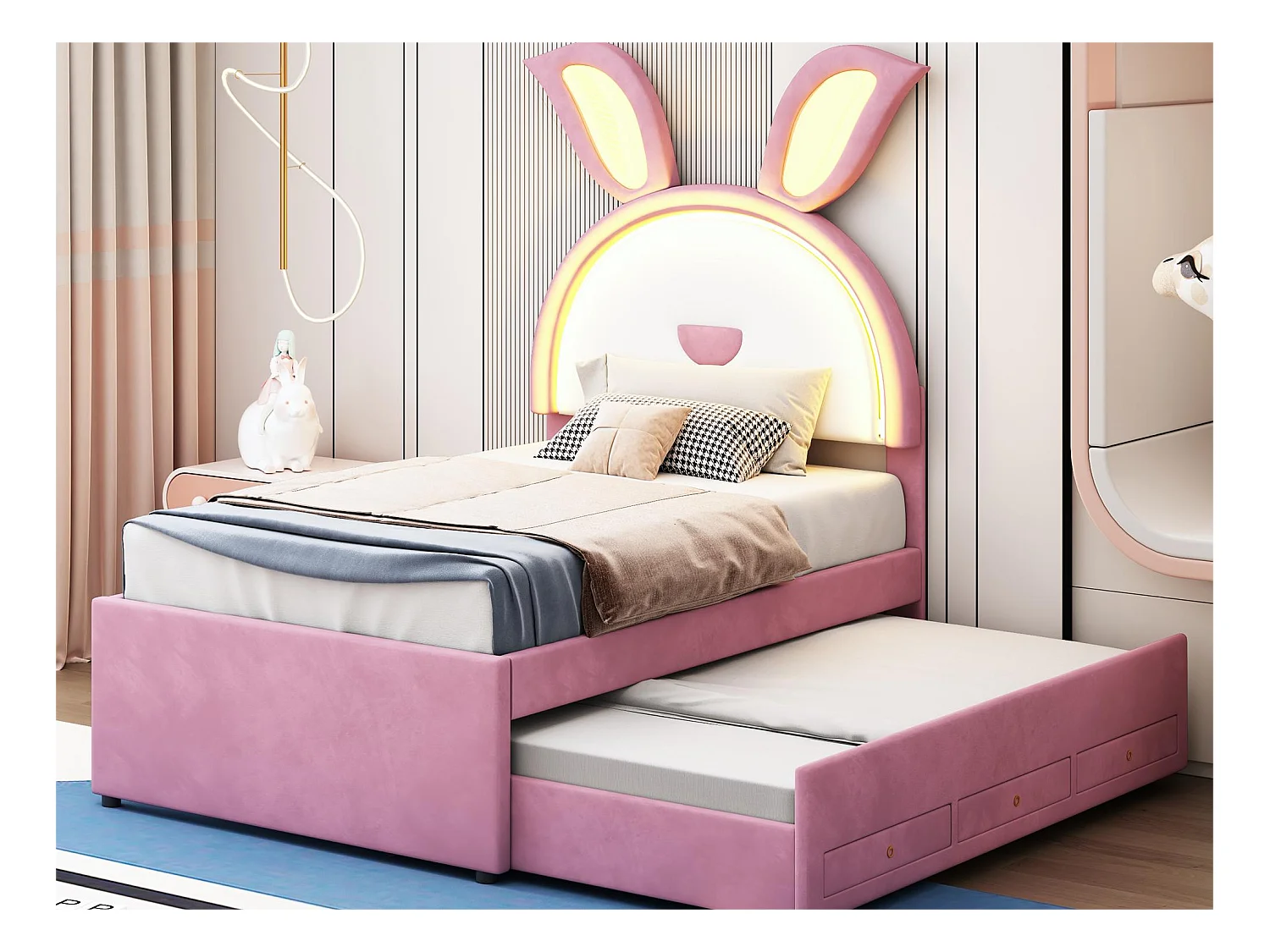 Uitschuifbaar bed 90 x 200 cm voor kinderen in fluweel - 3 laden - LED's - roze kleur