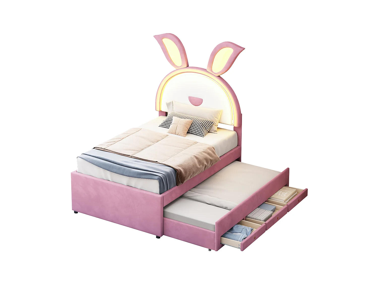 Cama nido para niños 90 x 200 cm de terciopelo - 3 cajones - LED - color rosa