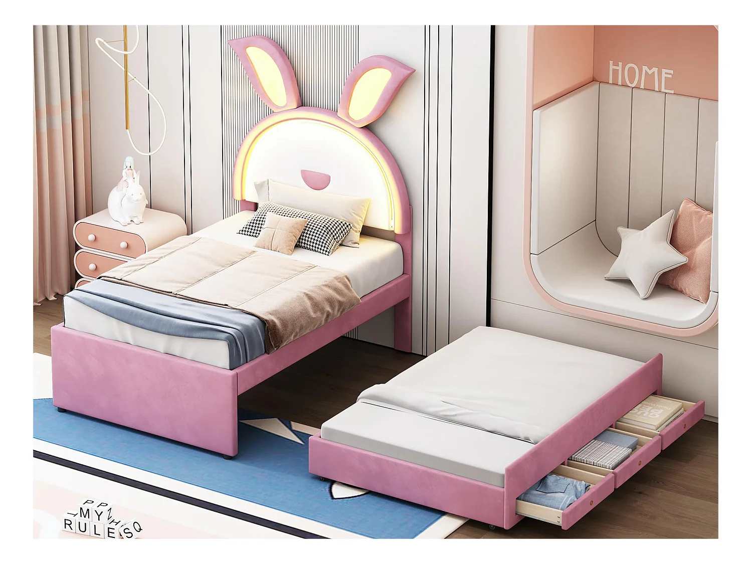 Cama nido para niños 90 x 200 cm de terciopelo - 3 cajones - LED - color rosa