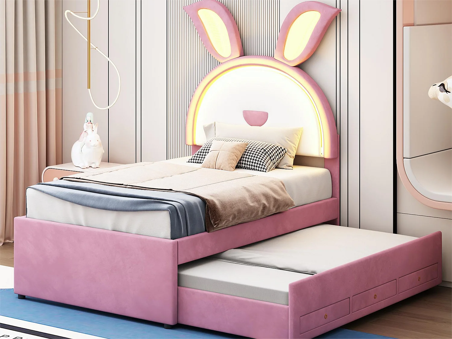 Letto estraibile 90 x 200 cm per bambini in velluto - 3 cassetti - LED - colore rosa