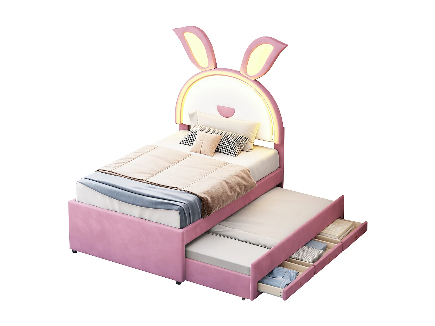 Letto estraibile 90 x 200 cm per bambini in velluto - 3 cassetti - LED - colore rosa