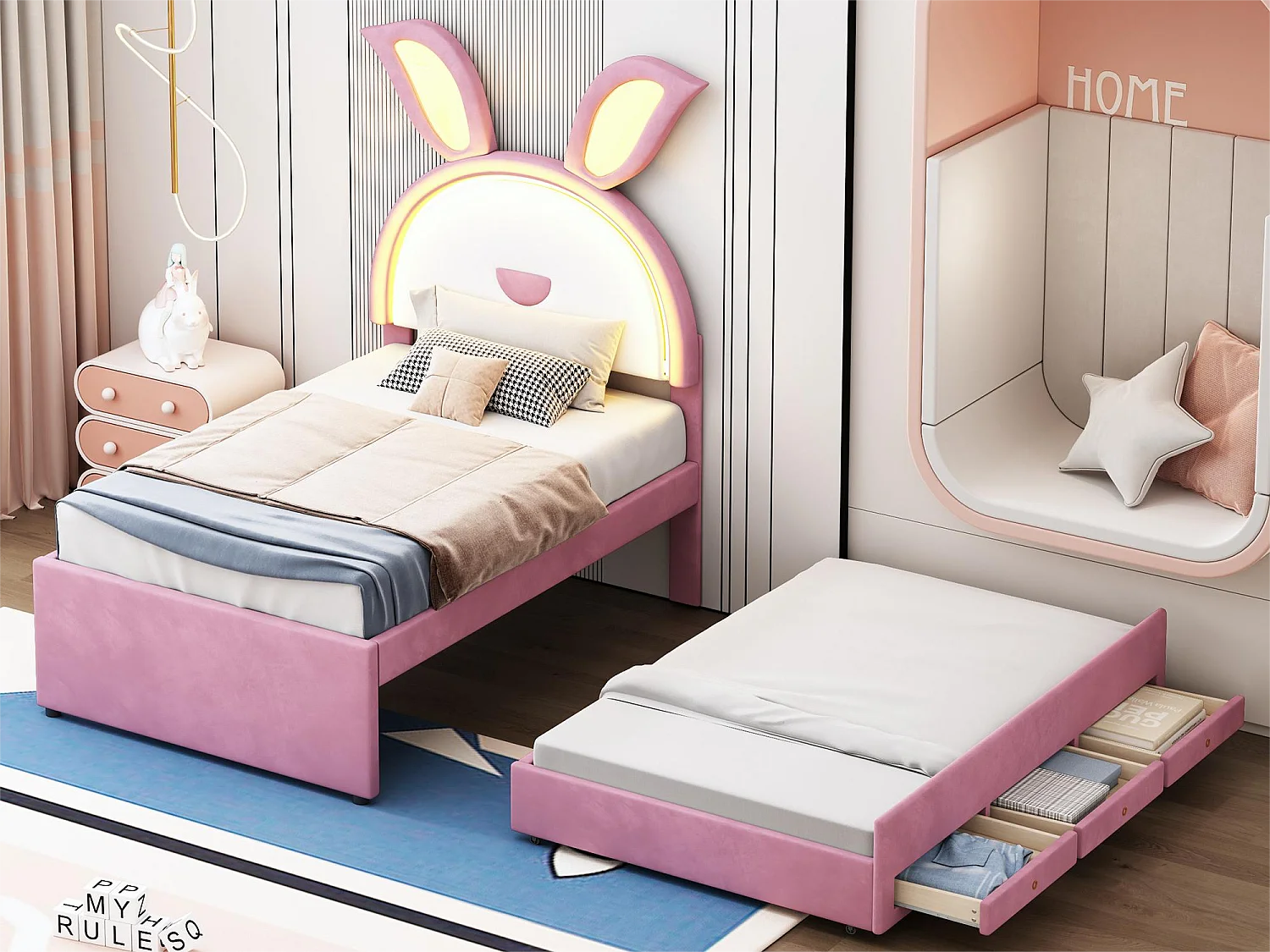 Uitschuifbaar bed 90 x 200 cm voor kinderen in fluweel - 3 laden - LED's - roze kleur