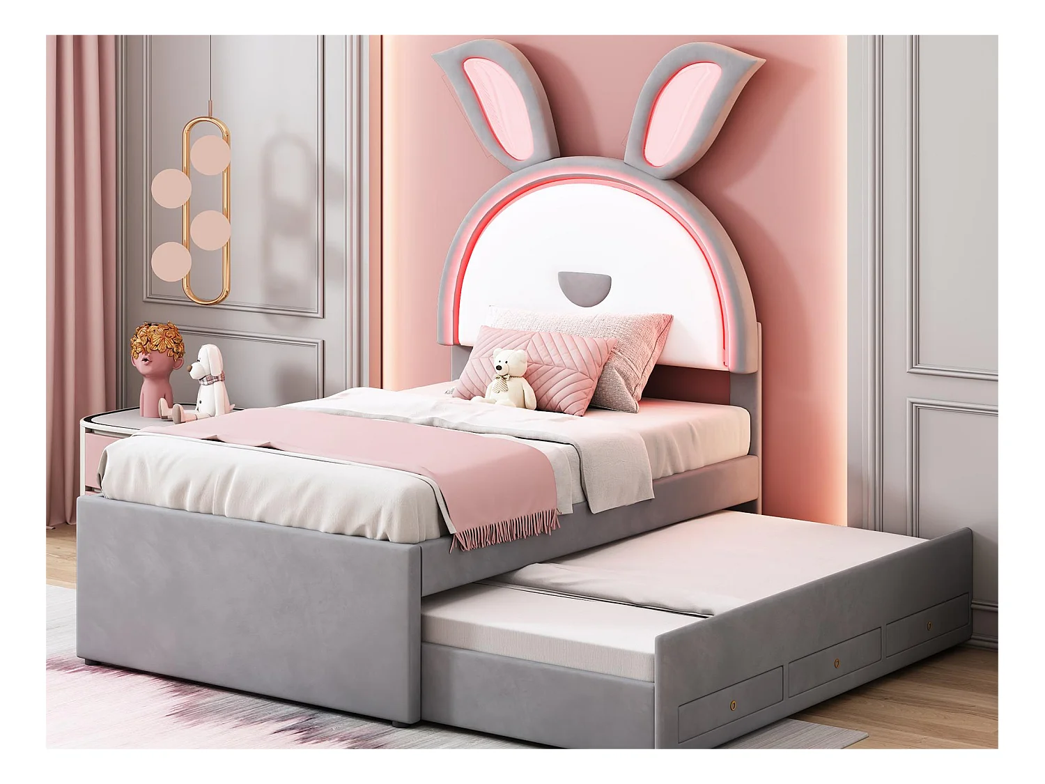 Lit gigogne 90 x 200 cm pour enfant en velours - 3 tiroirs - LEDs - coloris gris