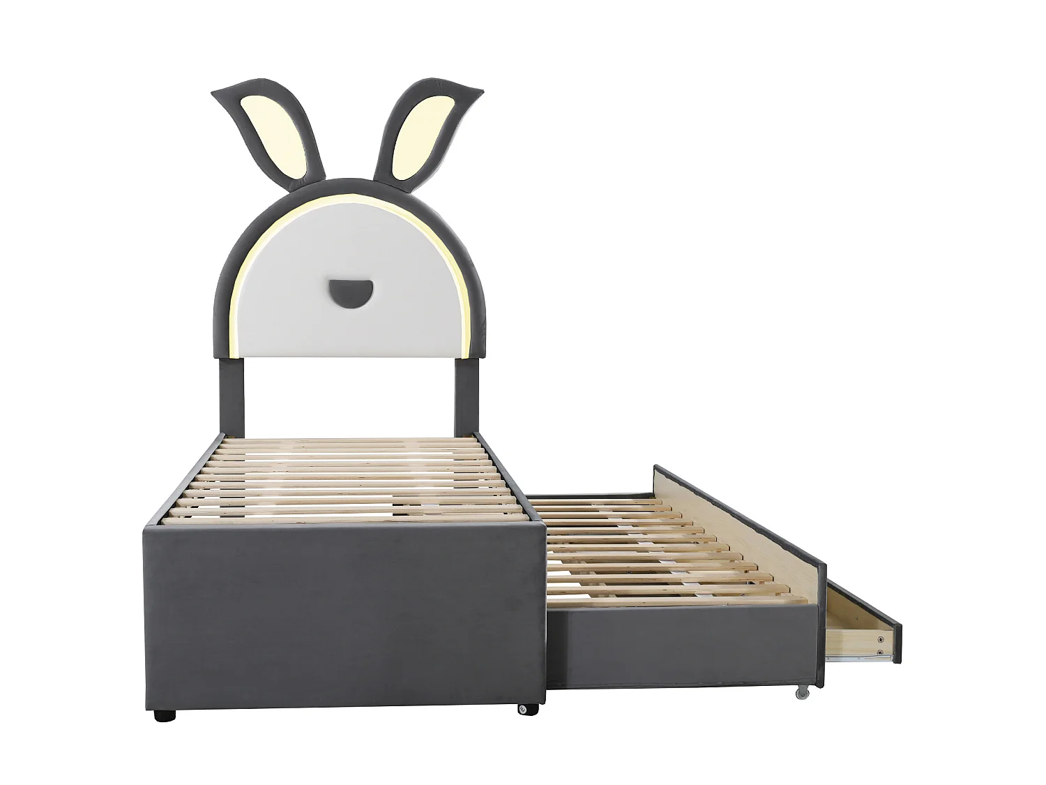 Lit gigogne 90 x 200 cm pour enfant en velours - 3 tiroirs - LEDs - coloris gris