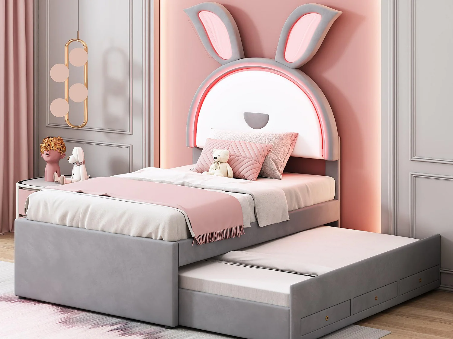 Letto estraibile 90 x 200 cm per bambini in velluto - 3 cassetti - LED - colore grigio