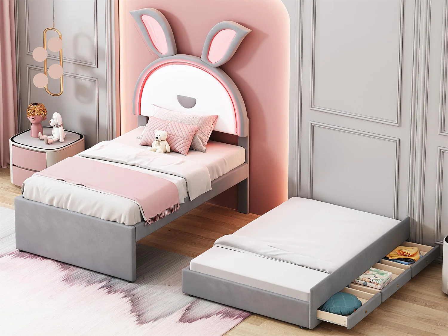 Letto estraibile 90 x 200 cm per bambini in velluto - 3 cassetti - LED - colore grigio