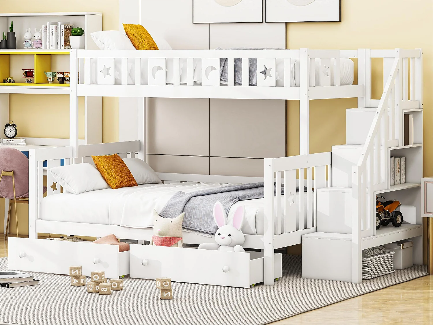 Stapelbed 90 x 200 cm + 140x200 cm - 2 laden + planken - massief hout - witte kleur