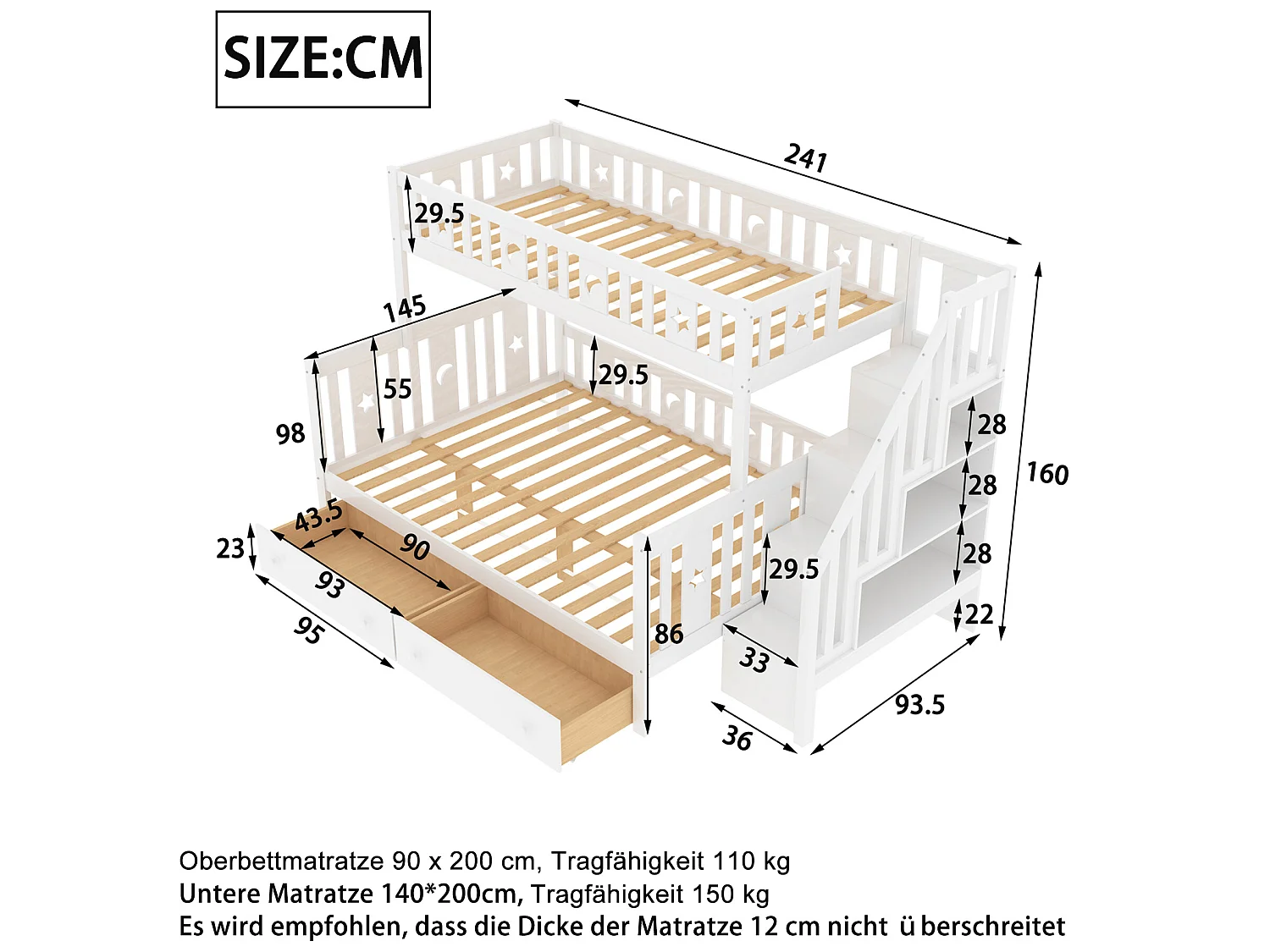 Stapelbed 90 x 200 cm + 140x200 cm - 2 laden + planken - massief hout - witte kleur