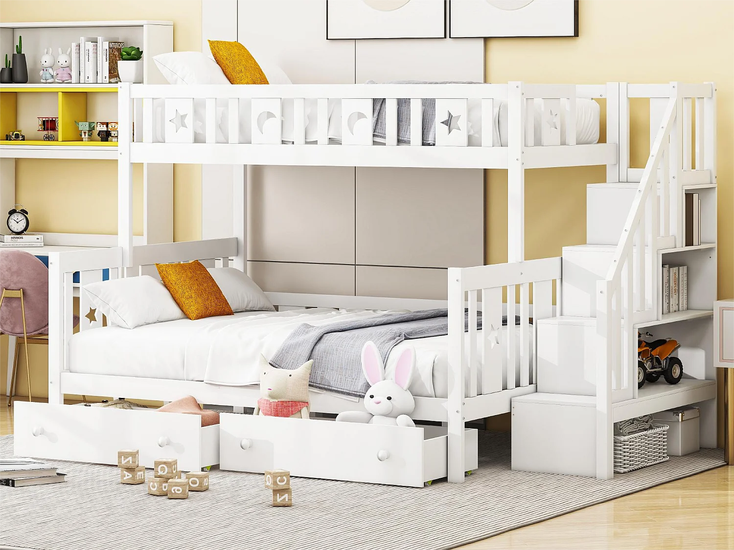 Stapelbed 90 x 200 cm + 140x200 cm - 2 laden + planken - massief hout - witte kleur