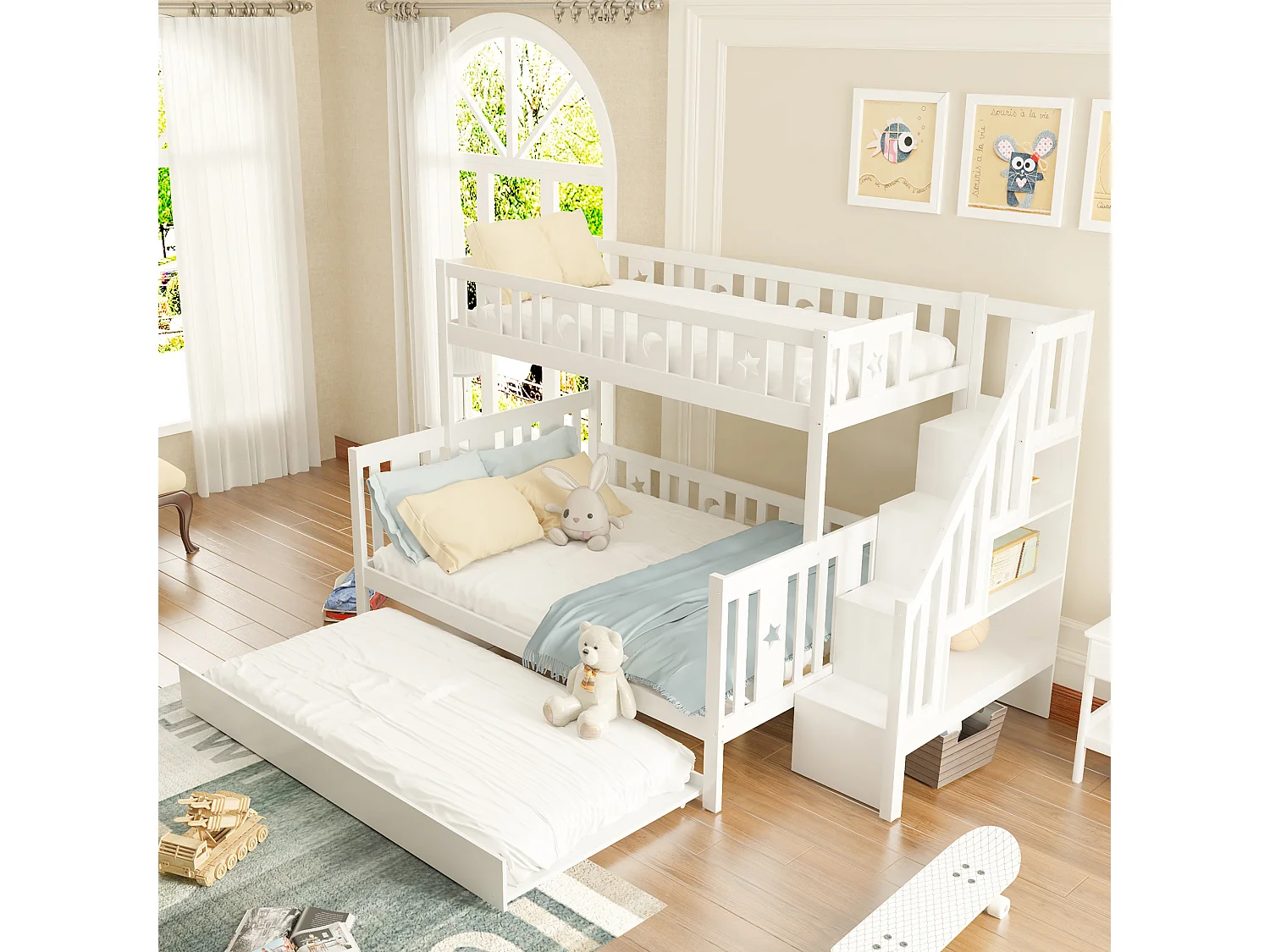 Driedubbel stapelbed 90 x 200 cm + 140 x 200 cm + onderschuifbed 90 x 190 cm - massief hout - inclusief boxspring - wit