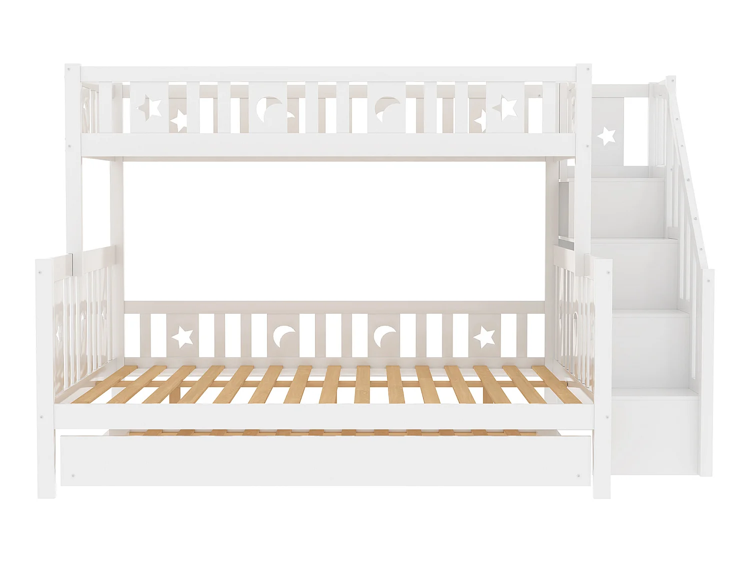 Driedubbel stapelbed 90 x 200 cm + 140 x 200 cm + onderschuifbed 90 x 190 cm - massief hout - inclusief boxspring - wit