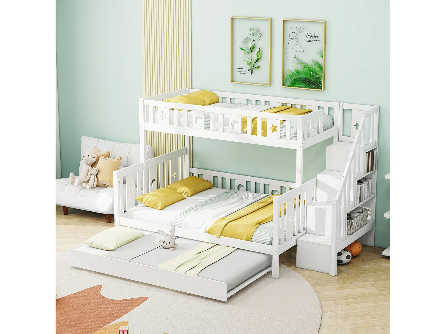 Driedubbel stapelbed 90 x 200 cm + 140 x 200 cm + onderschuifbed 90 x 190 cm - massief hout - inclusief boxspring - wit