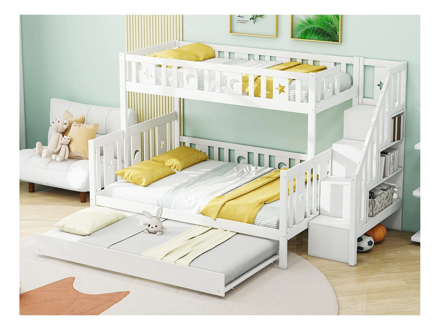 Lit superposé triple 90 x 200 cm + 140 x 200 cm + lit gigogne 90 x 190 cm - bois massif - sommier inclus - blanc