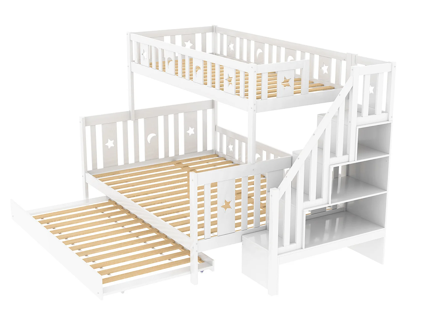 Driedubbel stapelbed 90 x 200 cm + 140 x 200 cm + onderschuifbed 90 x 190 cm - massief hout - inclusief boxspring - wit