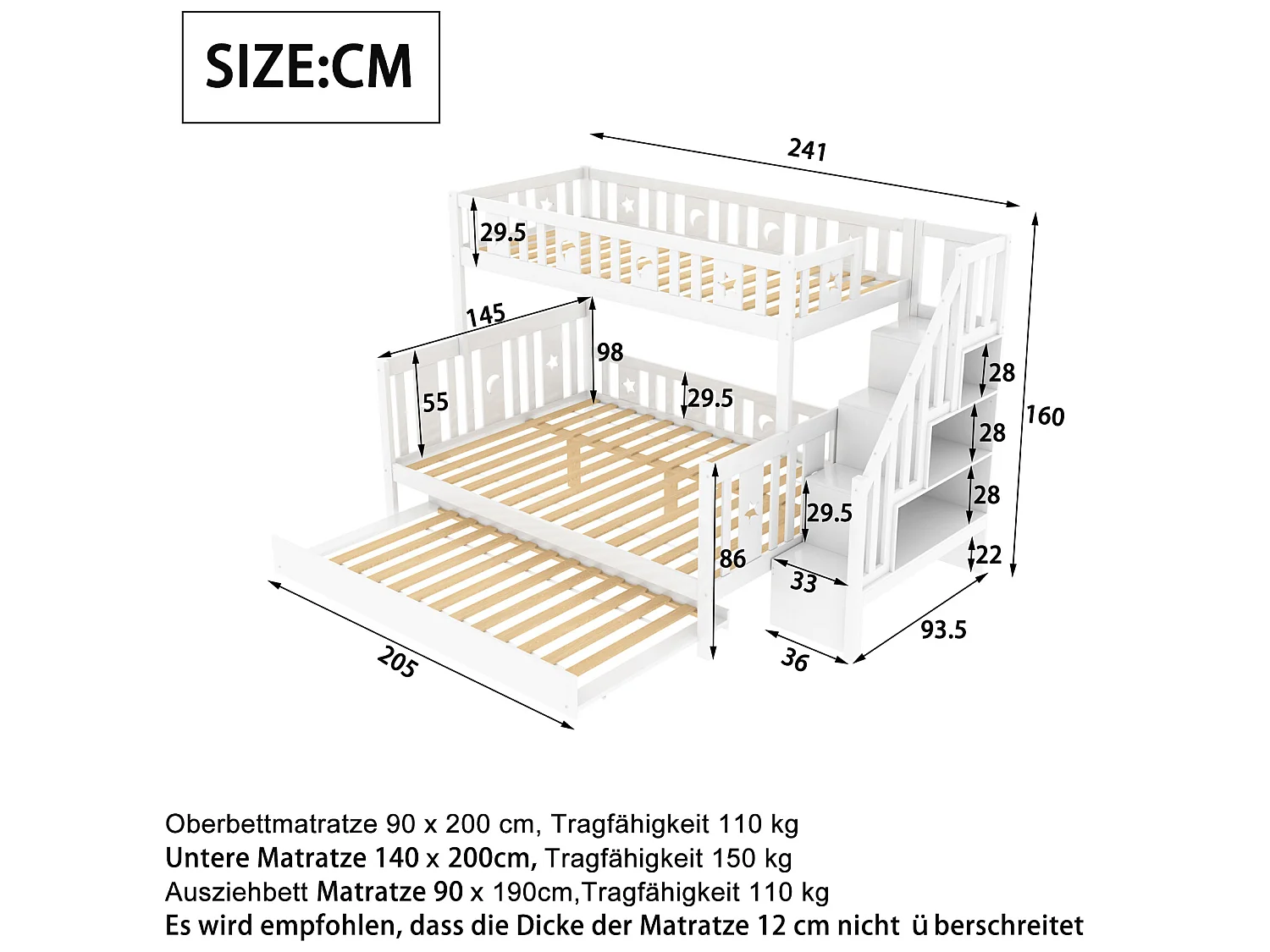 Driedubbel stapelbed 90 x 200 cm + 140 x 200 cm + onderschuifbed 90 x 190 cm - massief hout - inclusief boxspring - wit