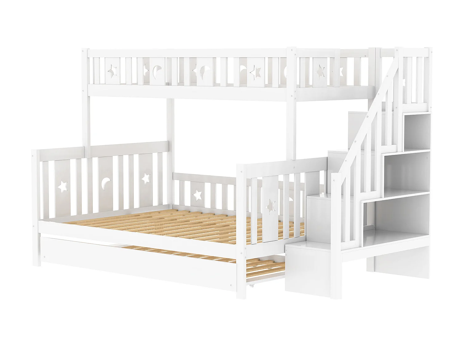 Driedubbel stapelbed 90 x 200 cm + 140 x 200 cm + onderschuifbed 90 x 190 cm - massief hout - inclusief boxspring - wit