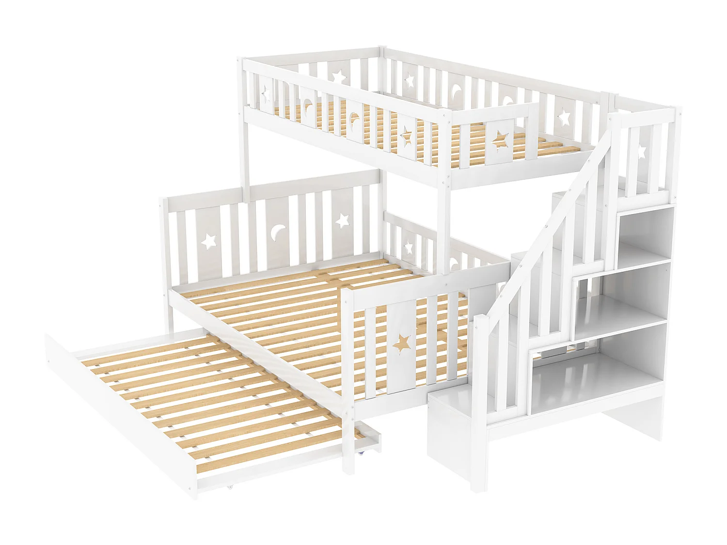 Litera triple 90 x 200 cm + 140 x 200 cm + cama nido 90 x 190 cm - madera maciza - somier incluido - blanco